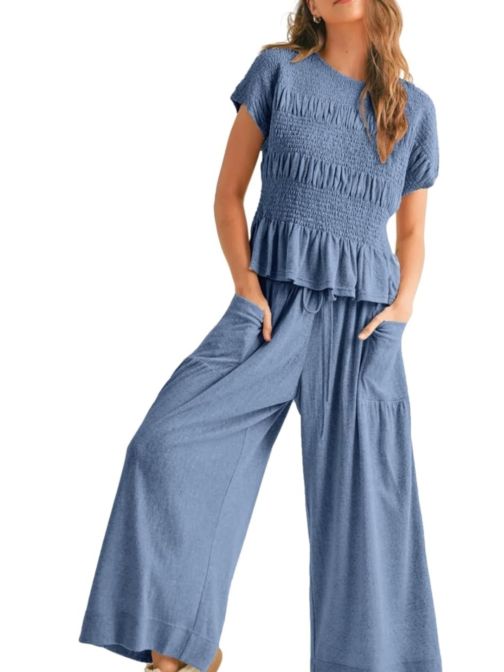 NWT Size XXL Smocked Short-Sleeve Top & Wide-Leg Pants Set - Blue